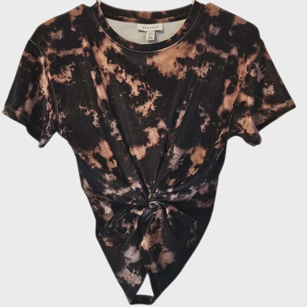 Topshop Women's Velvet Tie Dye Short Sleeve Top Front Knotted T-shirt Size 0-2